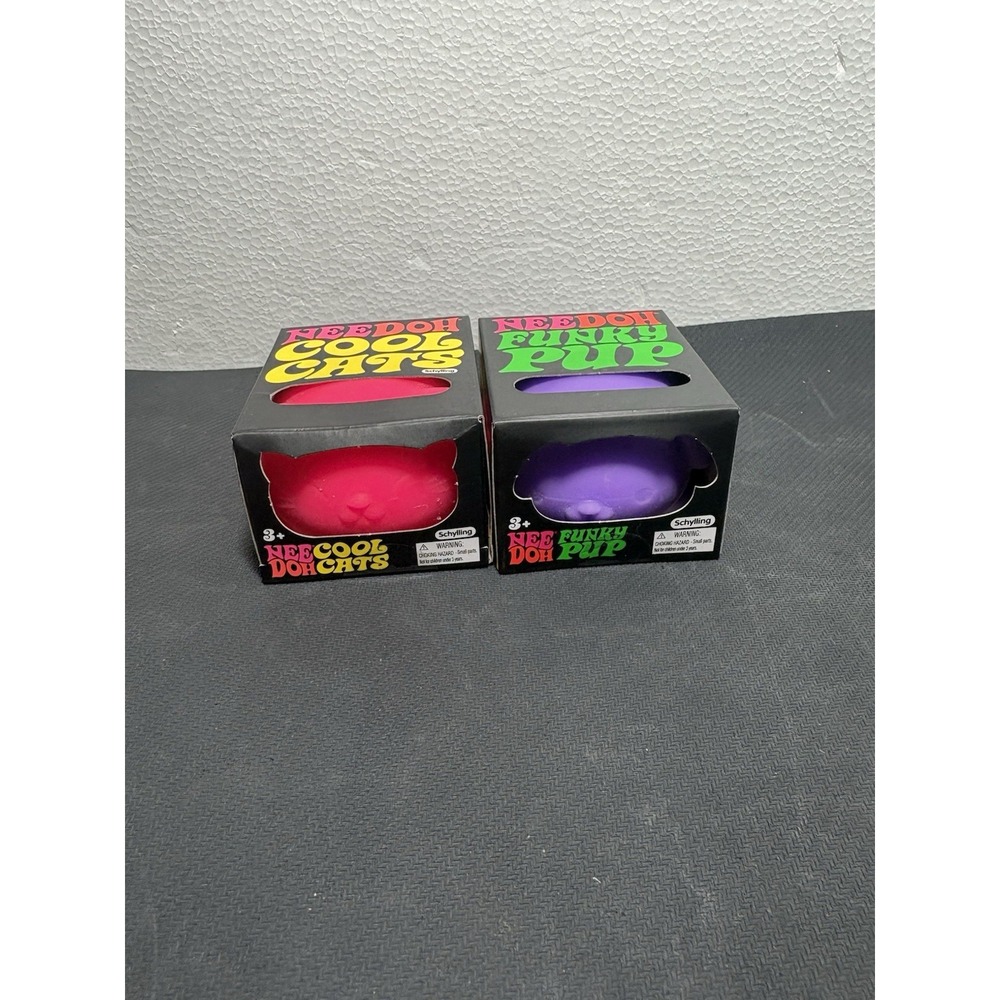 NEEDOH FUNKY Pink Cool Cat & Purple PUP 2 LOT Schylling Squish Squeeze Toys